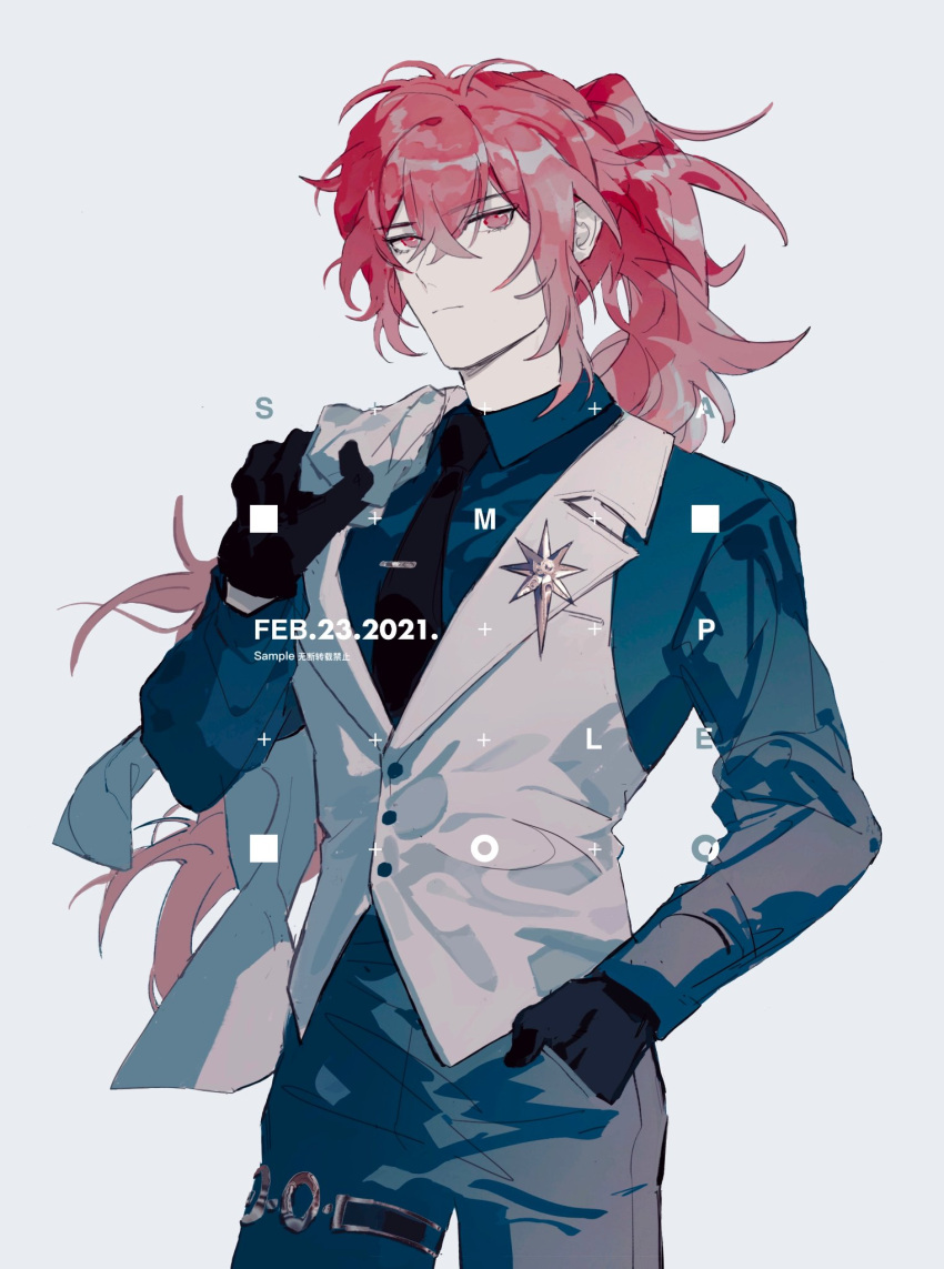 1boy, bangs, black_gloves, black_neckwear, black_pants, black_shirt, closed_mouth, dated