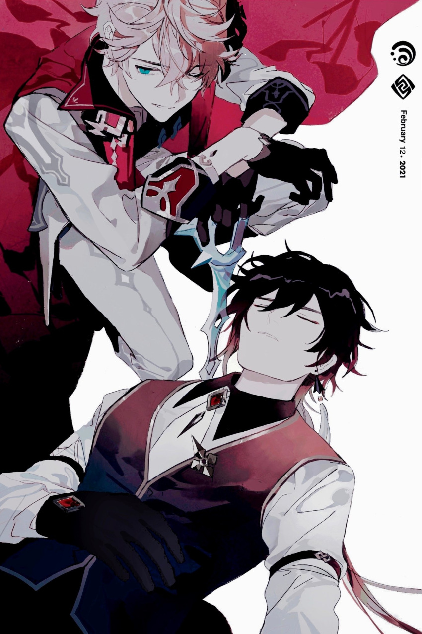 2boys, bangs, black_gloves, black_hair, blue_eyes, brown_hair, cape, closed_eyes