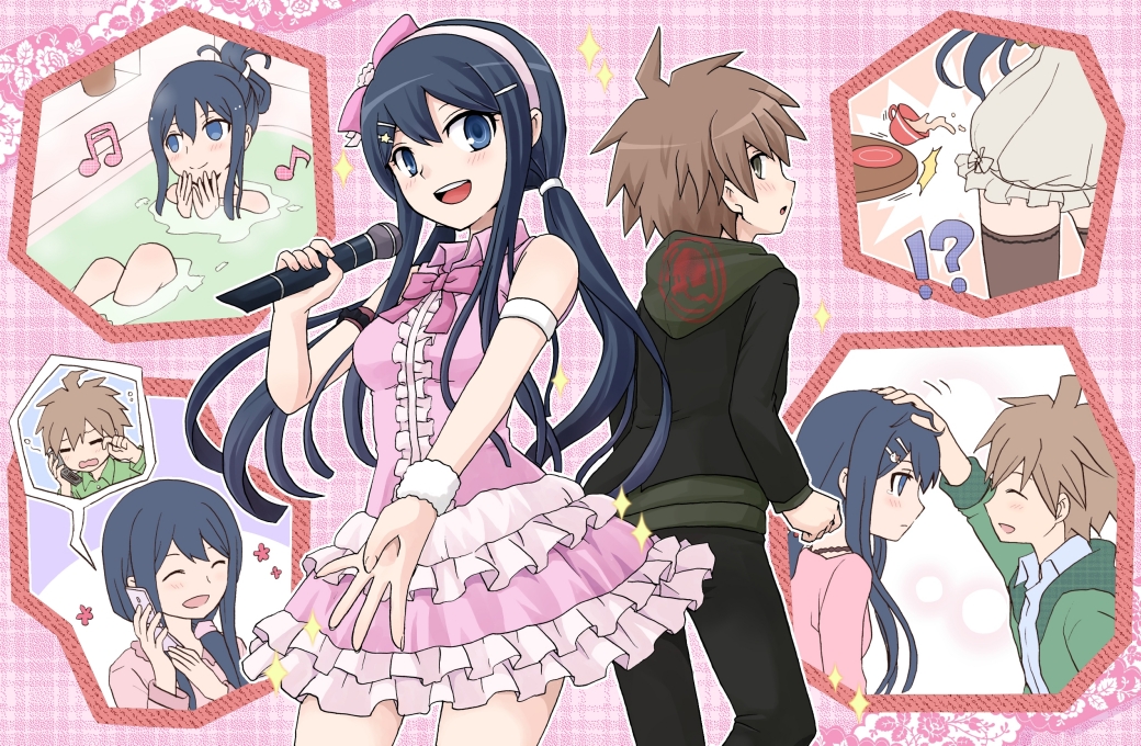 !?, :d, bathing, black_hair, black_jacket, black_pants, blue_eyes, blue_hair