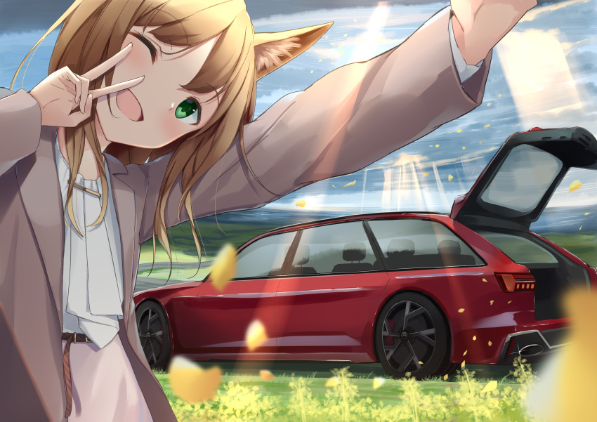 1girl, ;d, absurdres, akinakesu-chan, animal_ear_fluff, animal_ears, arm_up, bangs