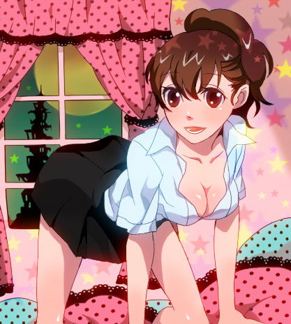 breasts, brown_hair, cleavage, female_protagonist_(persona_3), harumai, lowres, persona, persona_3