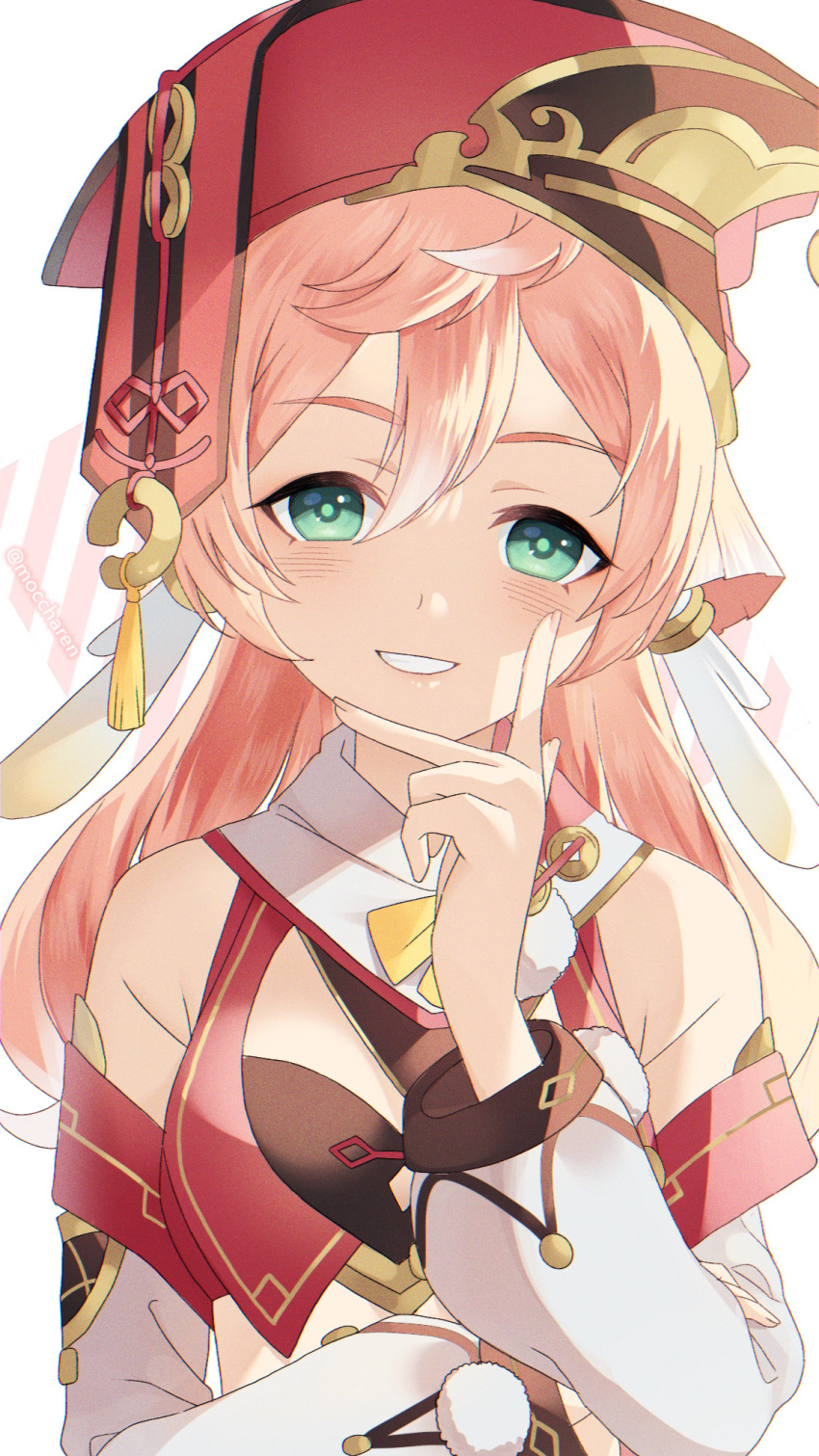 1girl, armpit_crease, bare_shoulders, blue_eyes, close-up, crop_top, detached_sleeves, genshin_impact, grin, hair_between_eyes, hand_up, hat, highres, long_hair, long_sleeves, looking_at_viewer, midriff, mokaren, pink_hair, red_headwear, revealing_clothes, simple_background, smile, solo, upper_body, white_background, yanfei_(genshin_impact)