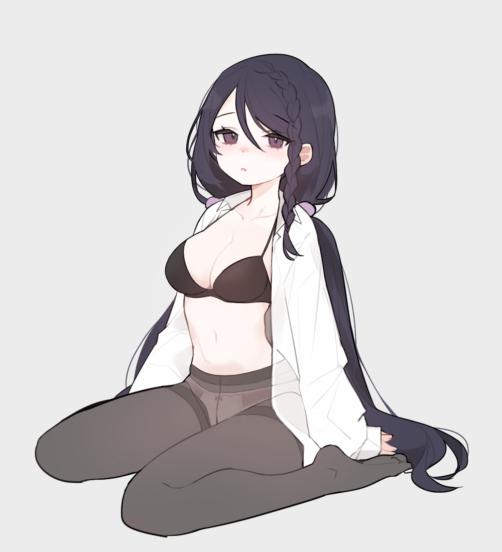 1girl, ban_mumani, bangs, black_bra, black_hair, black_survival, blush, bra, braid, breasts, collarbone, collared_shirt, commentary, full_body, grey_background, grey_legwear, hair_between_eyes, hyejin_(black_survival), long_hair, long_sleeves, looking_at_viewer, navel, open_clothes, open_shirt, panties, pantyhose, parted_lips, see-through, see-through_legwear, shirt, side_braid, simple_background, sitting, sleeves_past_wrists, solo, stomach, underwear, violet_eyes, white_panties, white_shirt
