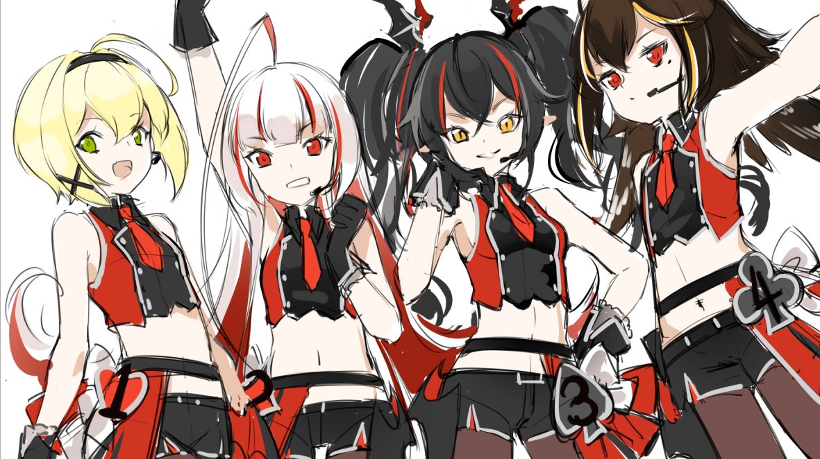 4girls, ahoge, alternate_costume, azur_lane, bat_hair_ornament, black_gloves, black_hair, black_hairband