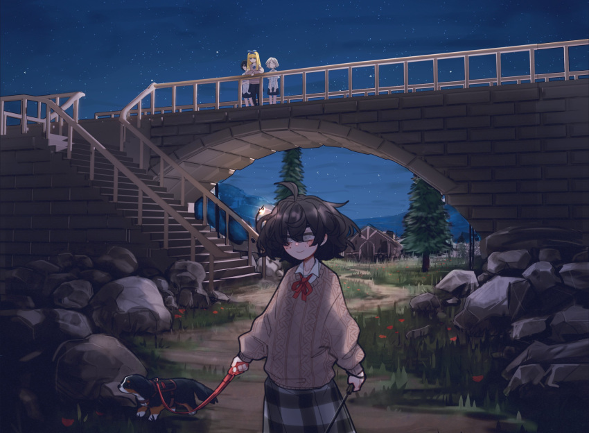 4girls, animal, blind_girl_(popopoka), bow, bowtie, bridge, bully_girl_(popopoka), cane, commentary, dog, english_commentary, freckles, grey_eyes, hair_between_eyes, highres, holding, holding_leash, leash, light_smile, long_sleeves, medium_hair, messy_hair, multiple_girls, night, original, outdoors, plaid, plaid_skirt, popopoka, red_bow, skirt, sweater, tree, walking, walking_stick