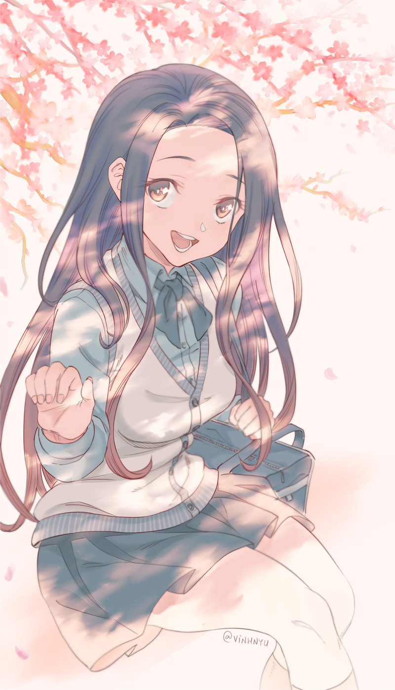 1girl, alternate_costume, artist_name, bag, black_hair, brown_eyes, cherry_blossoms, dappled_sunlight
