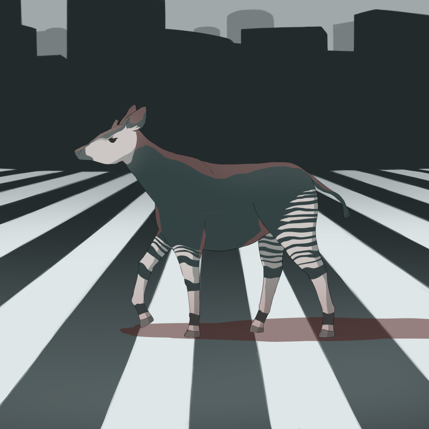 absurdres, animal_focus, avogado6, crosswalk, from_side, highres, no_humans, okapi_(animal)