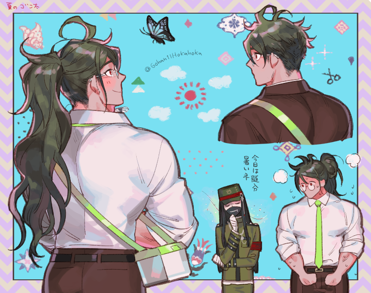 2boys, alternate_hairstyle, armband, back, bandaged_arm, bandaged_hands, bandages, belt