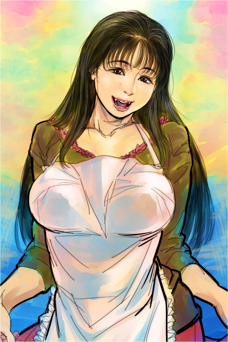 1girl, apron, black_hair, brown_eyes, highres, inoue_kikuko, kishizuka_kenji, long_hair, original, seiyuu_connection, solo