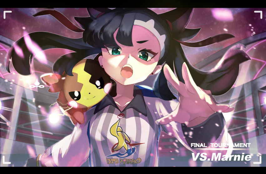 asymmetrical_bangs, bangs, black_hair, camera, camera_lens, character_name, earrings, gen_8_pokemon