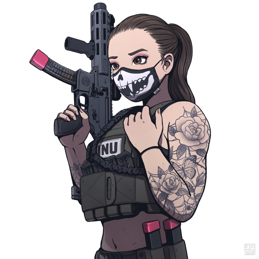 1girl, agavoart, brown_eyes, brown_hair, bulletproof_vest, eyeliner, forehead, gun