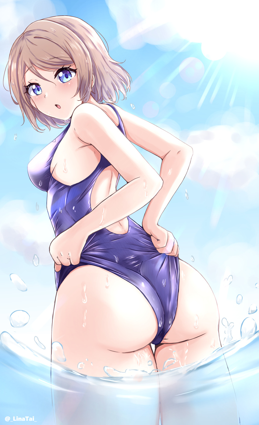 1girl, absurdres, ass, blue_eyes, blue_sky, blue_swimsuit, brown_hair, clouds, commentary_request, competition_swimsuit, day, from_behind, highres, linatai, looking_at_viewer, looking_back, love_live!, love_live!_sunshine!!, one-piece_swimsuit, outdoors, short_hair, sky, soaking_feet, solo, sun, swimsuit, watanabe_you, water, wet, wet_clothes, wet_swimsuit