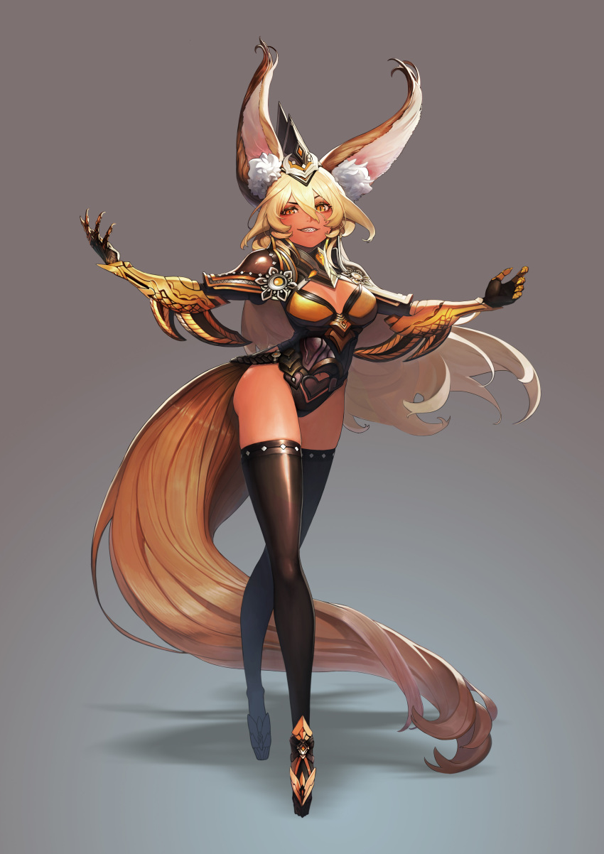 1girl, absurdres, animal_ear_fluff, animal_ears, armor, black_headwear, black_legwear, blonde_hair