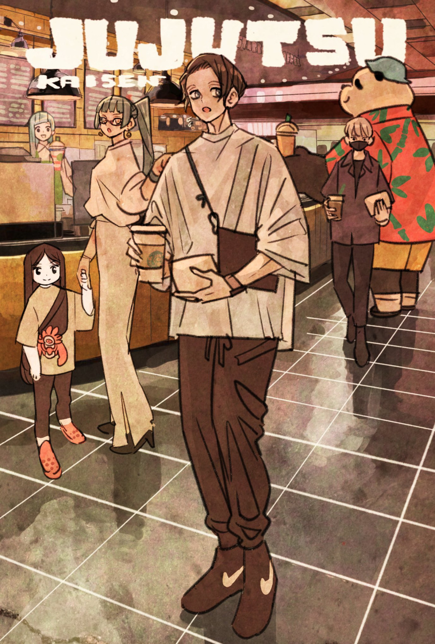 2boys, 3girls, animal, bag, bangs, black_eyes, black_footwear, black_hair