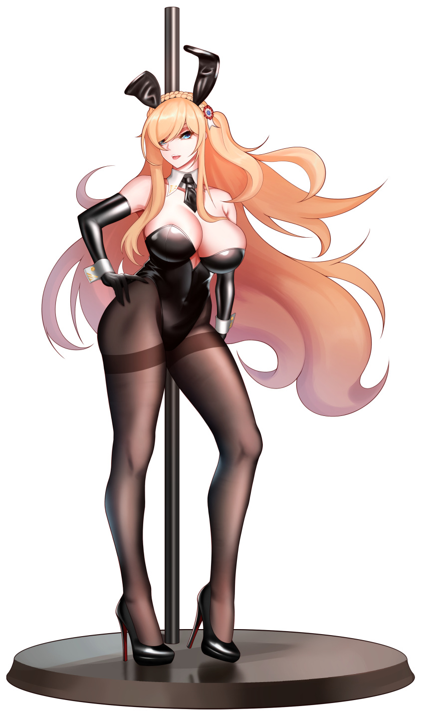 1girl, 893477955, absurdres, alternate_costume, animal_ears, black_footwear, black_gloves, black_legwear, black_neckwear, blonde_hair, blue_eyes, breasts, covered_navel, detached_collar, elbow_gloves, fake_animal_ears, fishnet_legwear, fishnets, full_body, gloves, high_heels, highres, large_breasts, leotard, long_hair, necktie, pantyhose, playboy_bunny, rabbit_ears, richelieu_(warship_girls_r), solo, standing, strapless, strapless_leotard, thighband_pantyhose, very_long_hair, warship_girls_r, wrist_cuffs