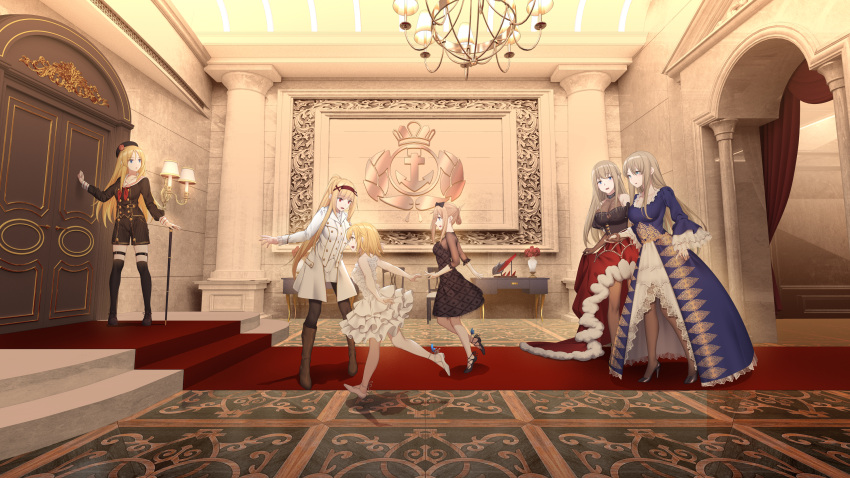 6+girls, alternate_costume, beret, black_dress, black_footwear, black_legwear, blonde_hair, blue_dress