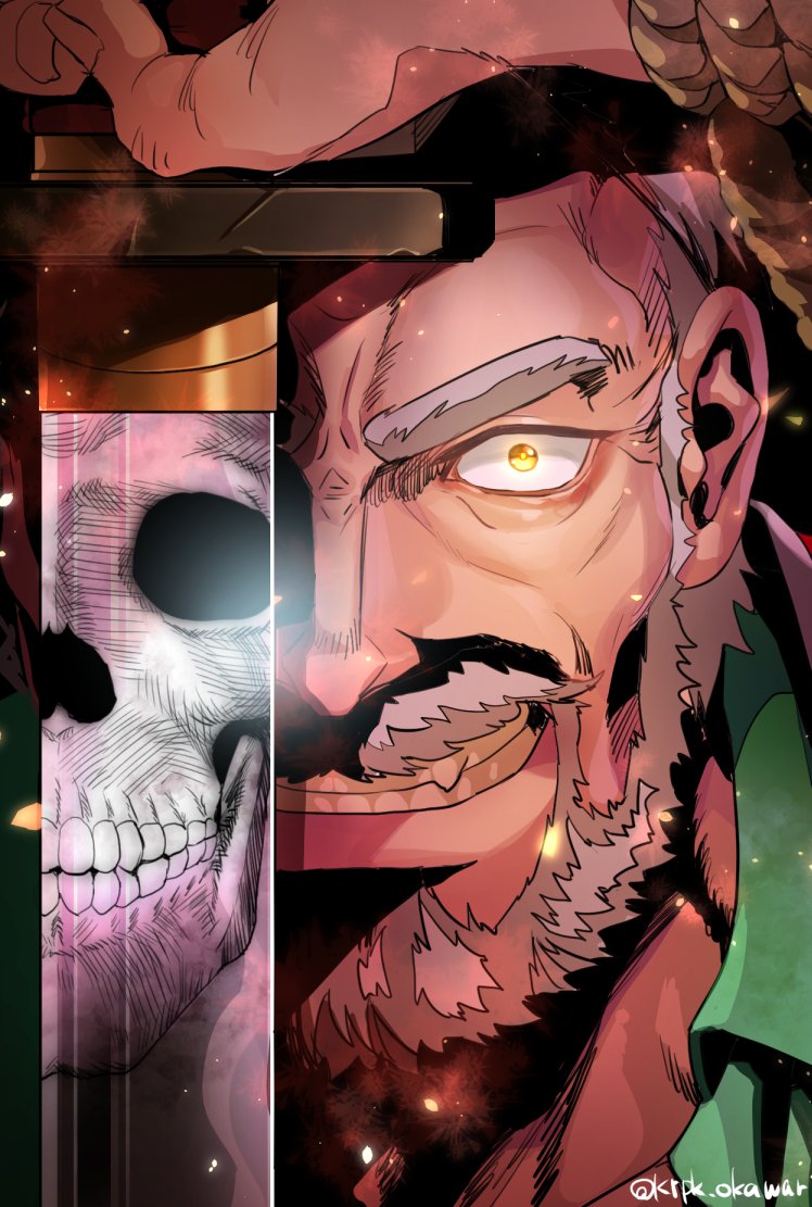 1boy, artist_name, beard, facial_hair, hand_up, hogen_(tokyo_houkago_summoners), karipaku, looking_at_viewer