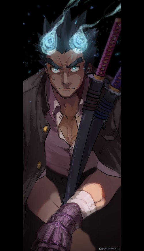 1boy, black_background, black_hair, blue_eyes, blue_fire, fire, gloves, jacket, karipaku, katana, looking_at_viewer, male_focus, scar, scar_on_cheek, scar_on_face, sheath, sheathed, shirt, spiky_hair, sword, thick_eyebrows, toji_(tokyo_houkago_summoners), tokyo_houkago_summoners, twitter_username, weapon, white_shirt