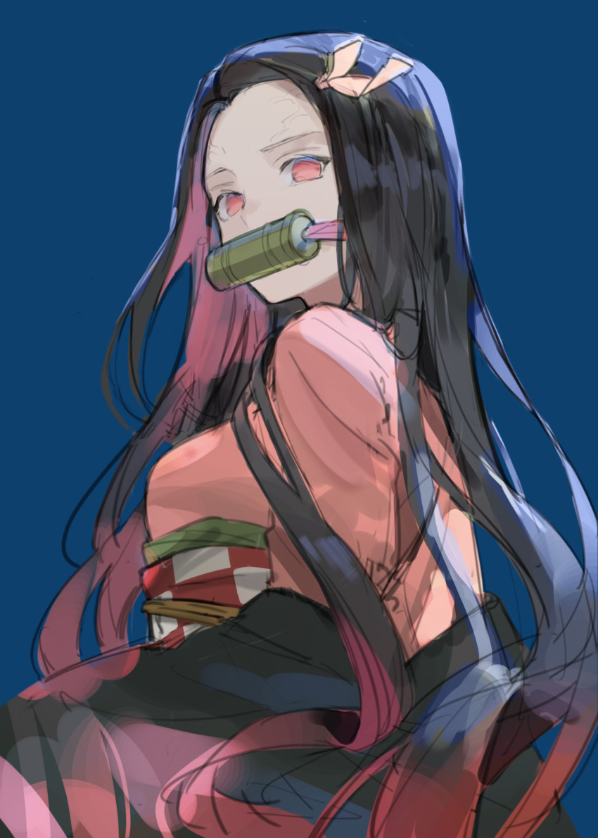 1girl, absurdres, bit_gag, black_hair, blue_background, checkered_sash, chyoel, colored_inner_hair