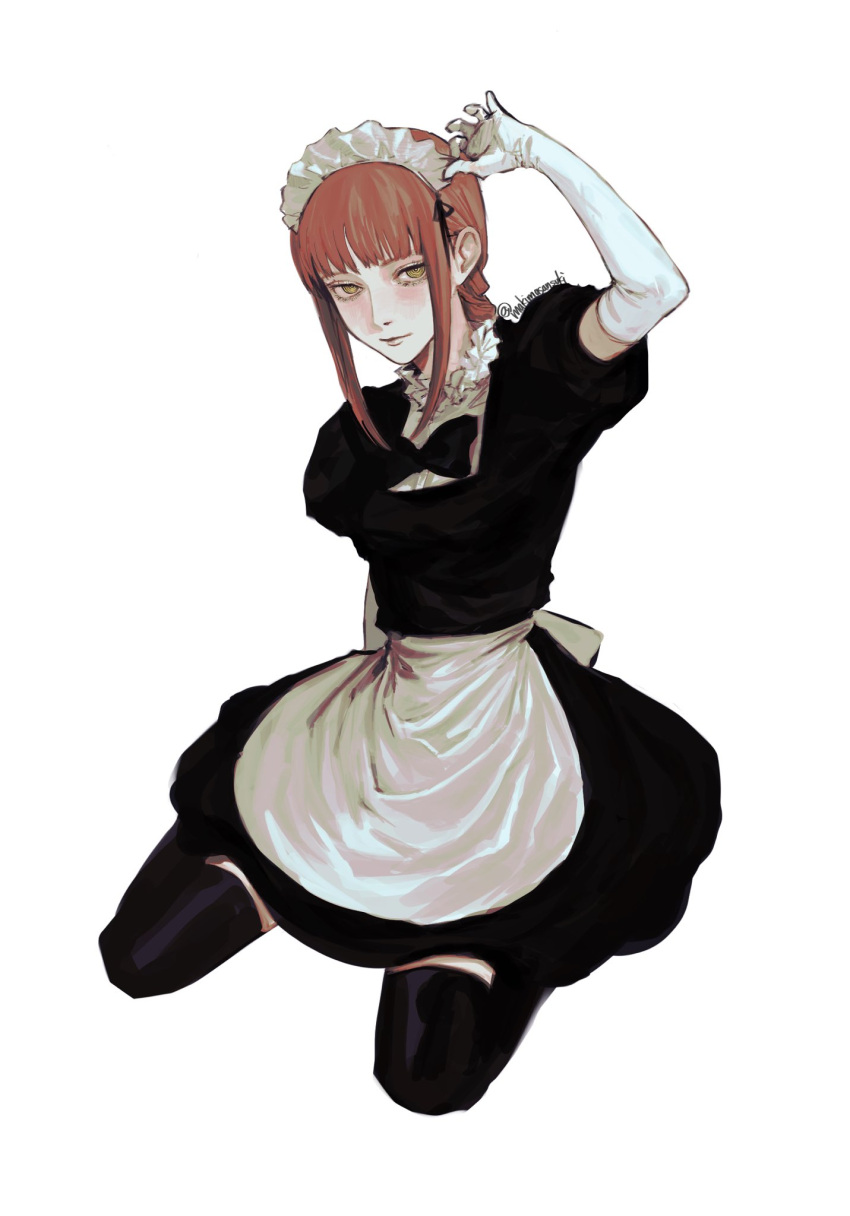 1girl, alternate_costume, apron, arm_up, black_dress, black_legwear, black_neckwear, bow