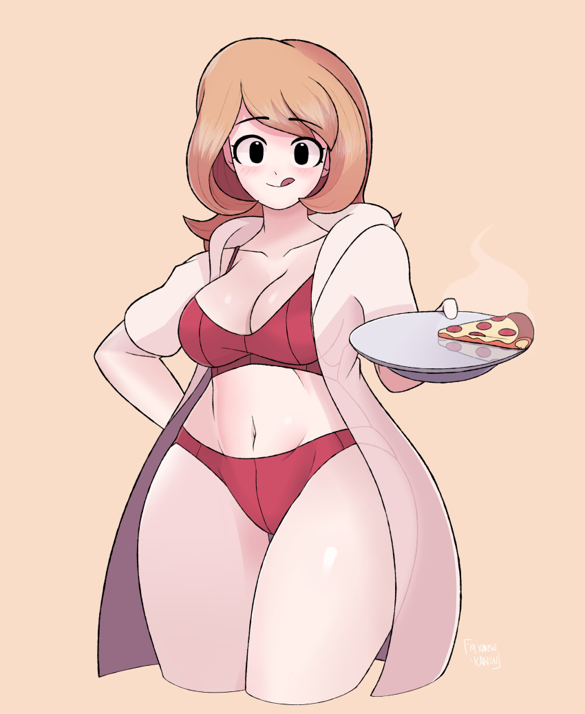 1girl, absurdres, bikini, black_eyes, blush, breasts, brown_hair, cowboy_shot, cropped_legs, eyebrows_visible_through_hair, food, highres, holding, holding_tray, kansuzoi, large_breasts, long_hair, looking_at_viewer, mona_(warioware), navel, pepperoni, pizza, pizza_slice, red_bikini, reflection, short_sleeves, solo, swimsuit, tan_background, tray, warioware