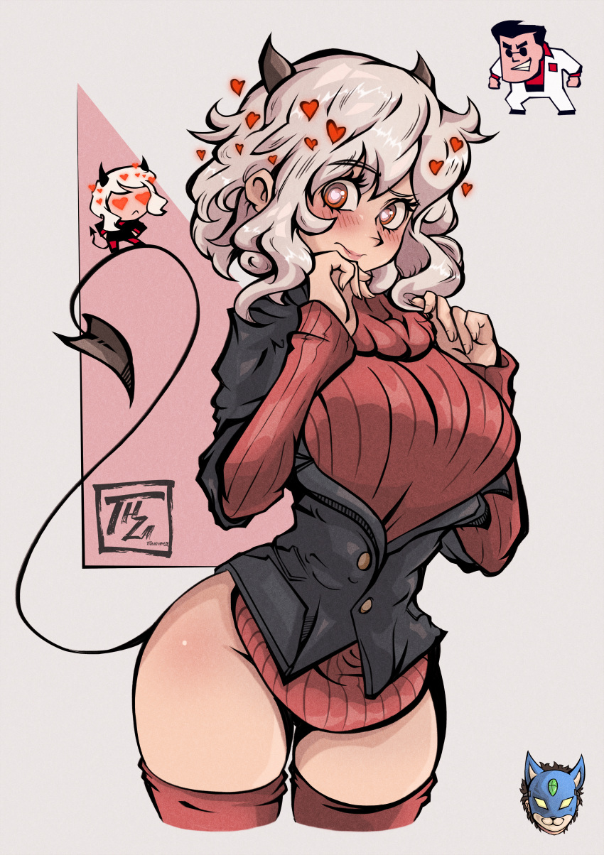 1boy, 1girl, absurdres, black_horns, black_shirt, black_tail, blush, breasts