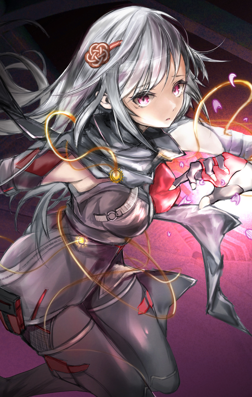 1girl, absurdres, bangs, black_scarf, breasts, commentary_request, elbow_gloves, eyebrows_visible_through_hair