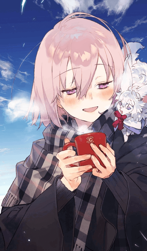 1girl, :d, blush, chaldea_teatime, clouds, coffee_mug, craft_essence, creature, creature_on_shoulder, cup, fate/grand_order, fate_(series), fou_(fate), hair_between_eyes, half-closed_eyes, holding, looking_at_another, mash_kyrielight, mug, noco_(adamas), official_art, on_shoulder, open_mouth, plaid, plaid_scarf, purple_hair, scarf, short_hair, sky, smile, upper_body, violet_eyes