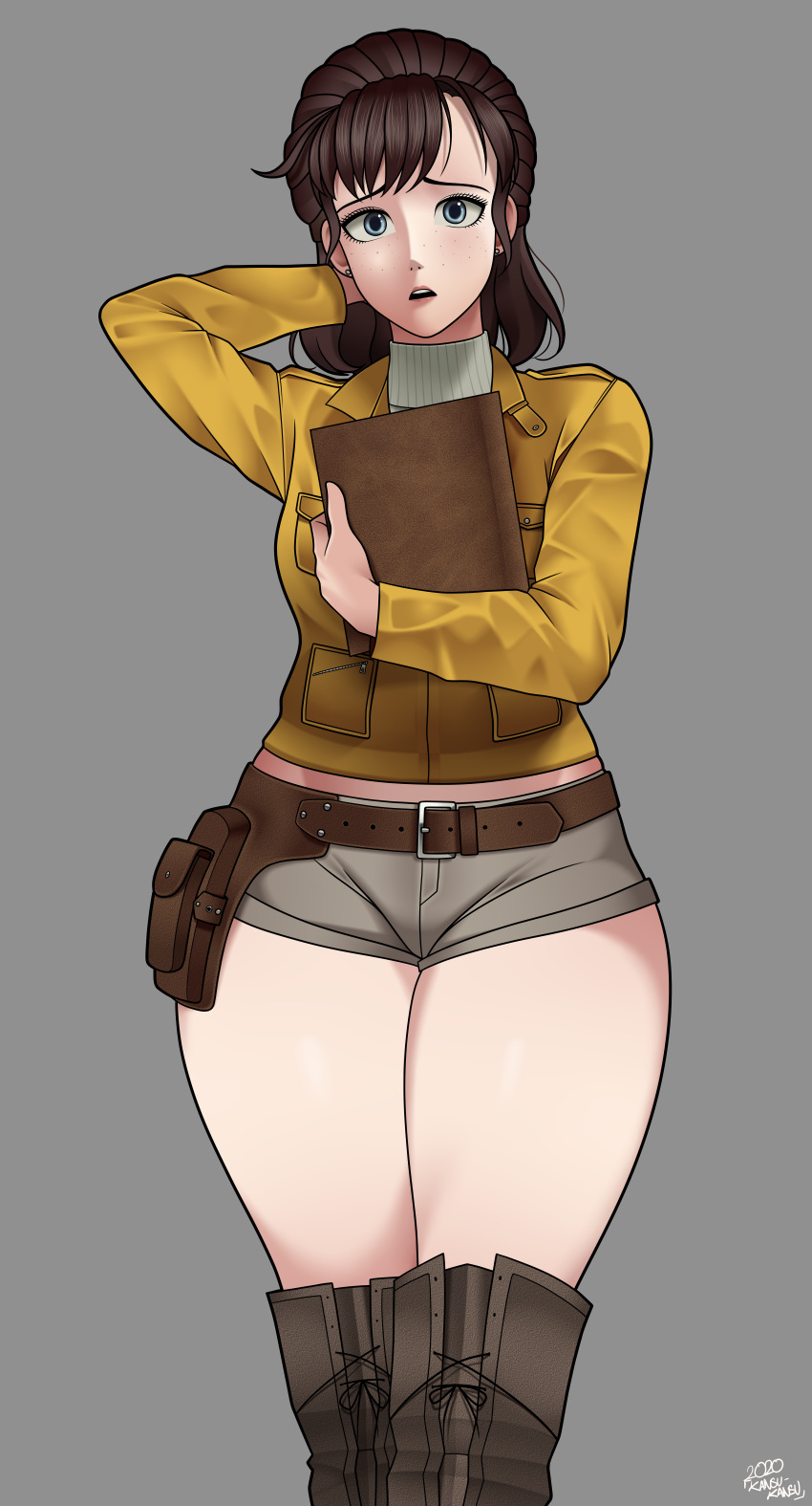 1girl, absurdres, aqua_eyes, arm_up, belt, boots, brown_hair, cowboy_shot