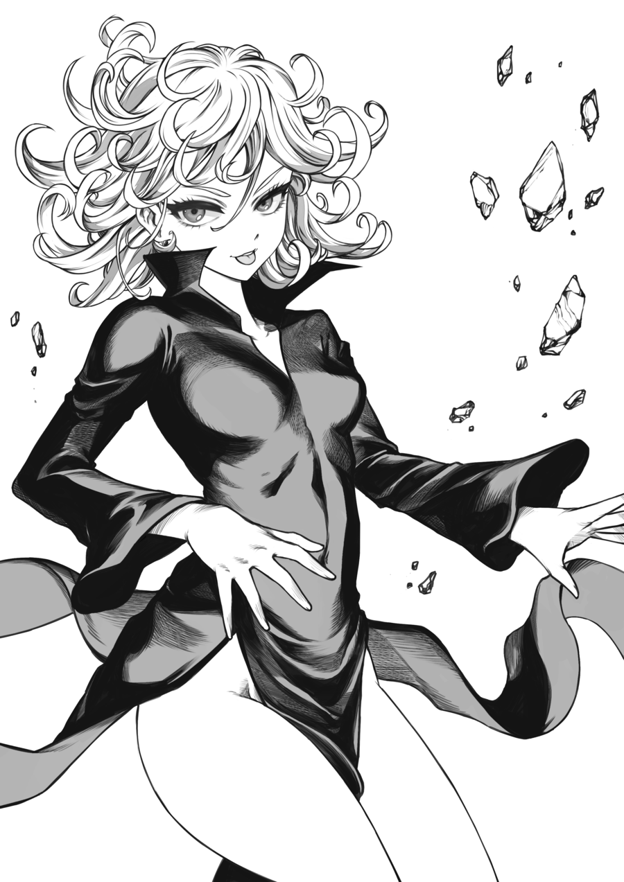 1girl, :p, breasts, covered_navel, curly_hair, dress, greyscale, groin