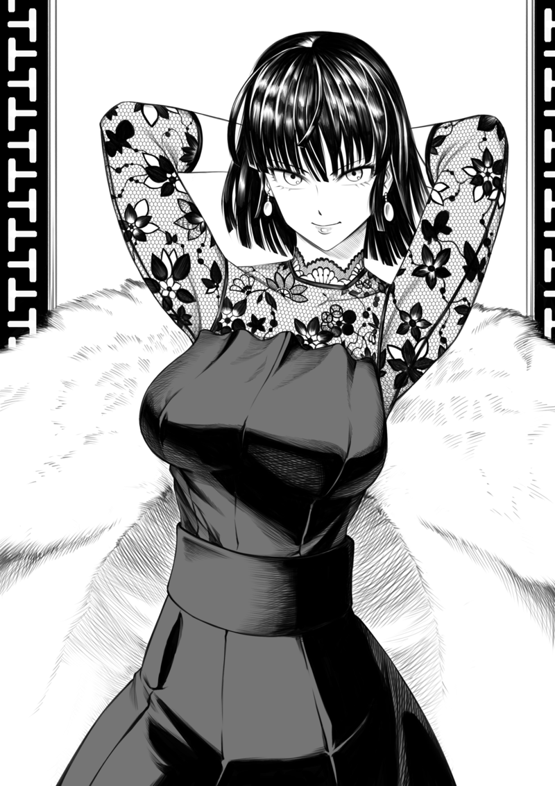 1girl, arms_behind_head, bangs, breasts, dress, earrings, fubuki_(one-punch_man), fur_coat