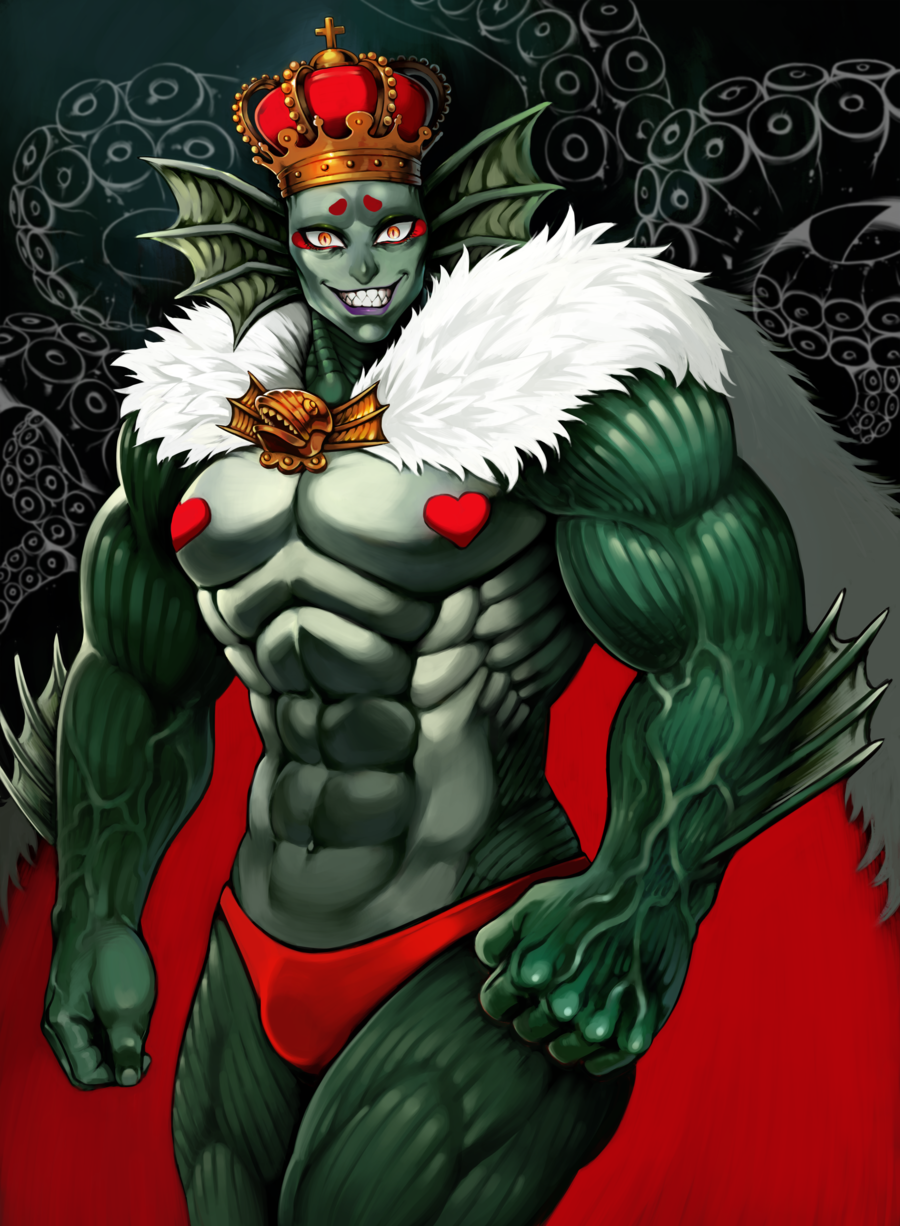 1boy, abs, cape, colored_skin, crown, deep_sea_king_(one-punch_man), fur_cape, fur_trim