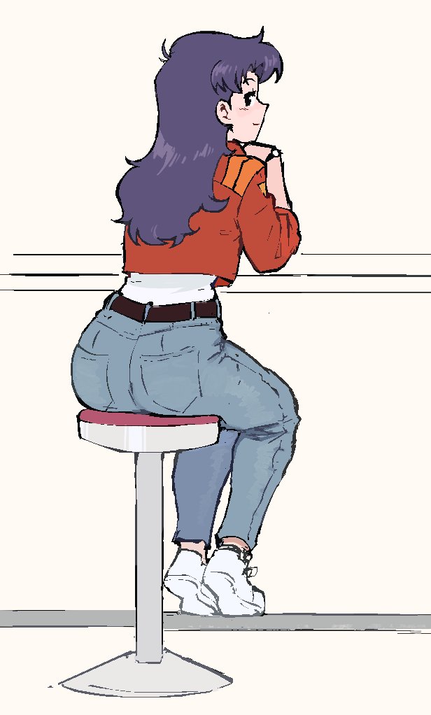 1girl, belt, black_belt, blush, from_behind, full_body, jacket, katsuragi_misato, long_hair, long_sleeves, looking_at_viewer, neon_genesis_evangelion, profile, purple_hair, red_jacket, sitting, solo, stool, topium, watch, watch, white_footwear