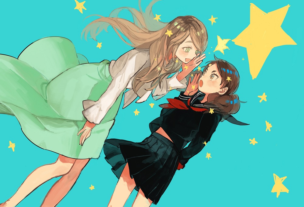 2girls, age_difference, black_shirt, black_skirt, blonde_hair, brown_eyes, brown_hair, buun_ko