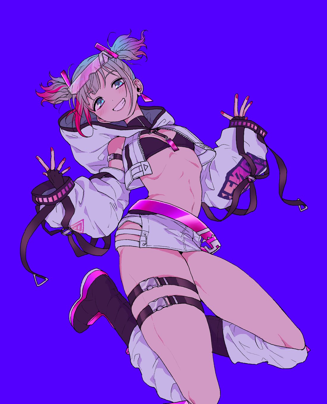 1girl, alternate_hairstyle, arm_strap, bangs, belt, bikini, black_bikini, black_footwear, blue_background, blue_eyes, cropped_jacket, detached_sleeves, discowars, earrings, grey_hair, hair_ornament, highres, hood, hooded_jacket, idolmaster, idolmaster_shiny_colors, jacket, jewelry, jumping, long_sleeves, looking_at_viewer, multicolored_hair, navel, pink_hair, pink_nails, ribs, serizawa_asahi, simple_background, sleeves_past_wrists, smile, solo, streaked_hair, swimsuit, teeth, thigh_strap, triangle_earrings, two_side_up, visor, white_legwear