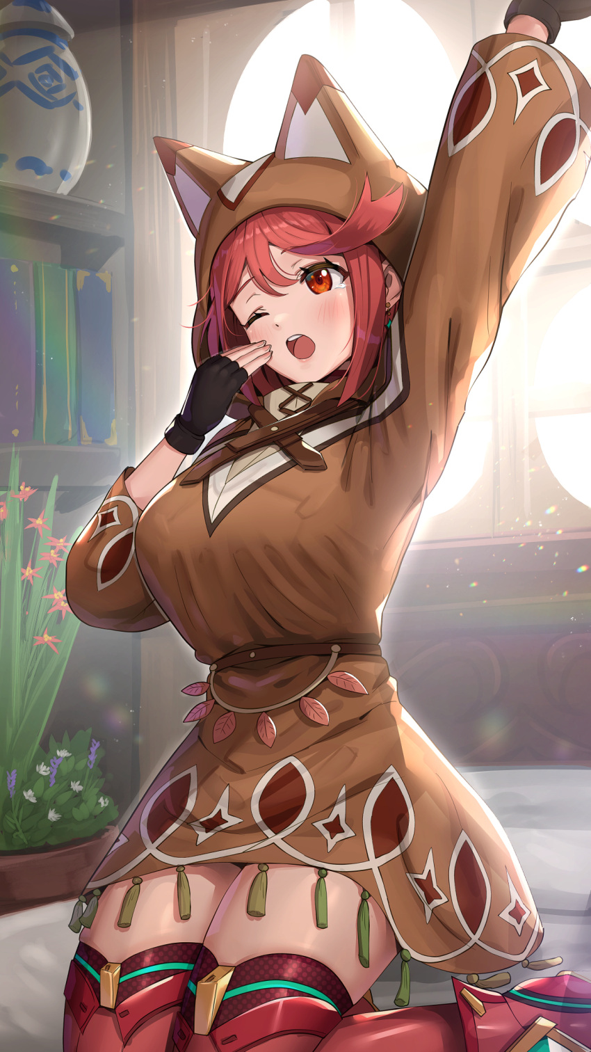 1girl, bangs, black_gloves, breasts, disguised_pyra_(xenoblade), earrings, fingerless_gloves, gloves