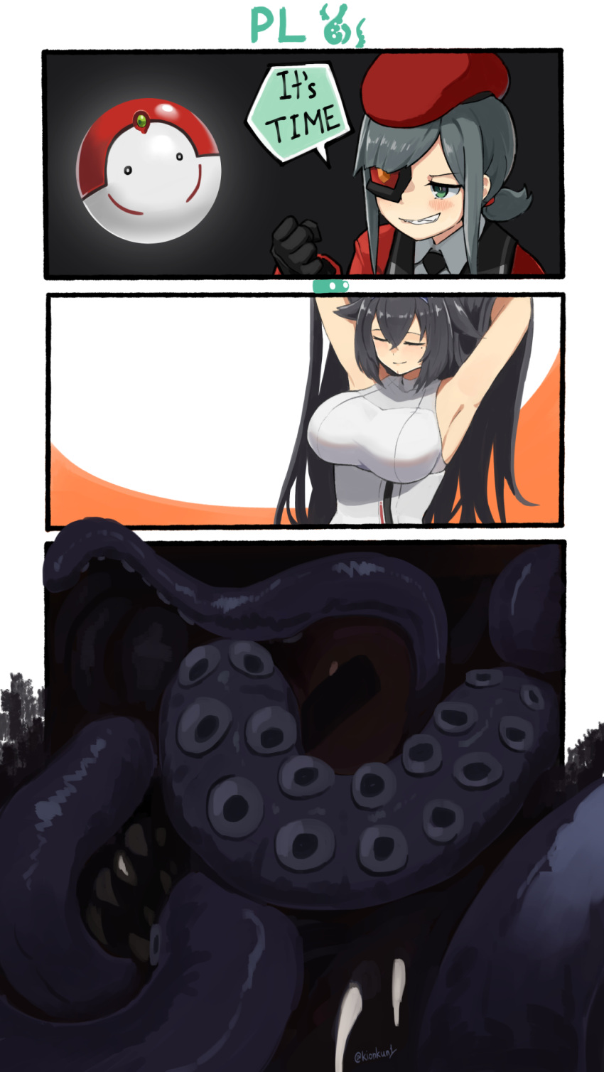 armpits, beret, black_hair, breasts, clenched_hand, closed_eyes, commander_(girls_frontline), eyepatch, fangs, fourth_wall, girls_frontline, goliath_(girls_frontline), green_eyes, grey_hair, hairband, hat, highres, kion-kun, large_breasts, long_hair, monster, necktie, ponytail, super_sass_(girls_frontline), tentacles, twitter_username, uniform