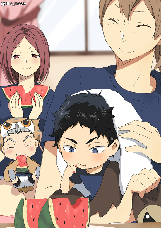 2boys, 2girls, ^_^, akaashi_keiji, animal_ears, animal_hat, black_hair, blue_eyes