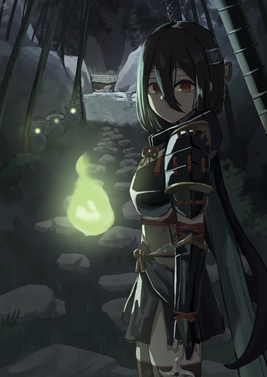 1girl, absurdres, armor, bangs, black_hair, chainsaw_man, cumene, dark, eyebrows_visible_through_hair, gloves, hair_between_eyes, headband, highres, japanese_clothes, kamura_(armor), looking_at_viewer, monster_hunter_(series), monster_hunter_rise, short_hair, simple_background, solo, thigh-highs, zinogre