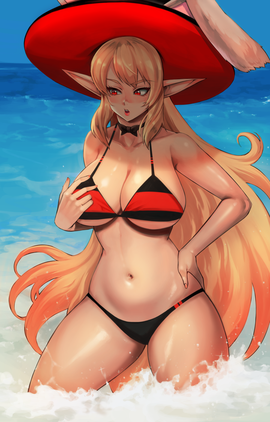 1girl, bikini, blonde_hair, breasts, choker, contrapposto, dungeon_and_fighter, fortuneteller_rosaura, hand_on_hip, highres, large_breasts, long_hair, navel, ocean, pagong, parted_lips, pink_lips, pointy_ears, red_eyes, solo, striped, striped_bikini, swimsuit, very_long_hair, wading