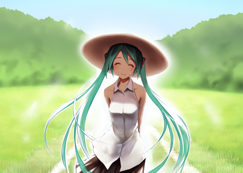 aqua_hair, arms_behind_back, bare_shoulders, blurry, closed_eyes, hat, hatsune_miku, hide_e