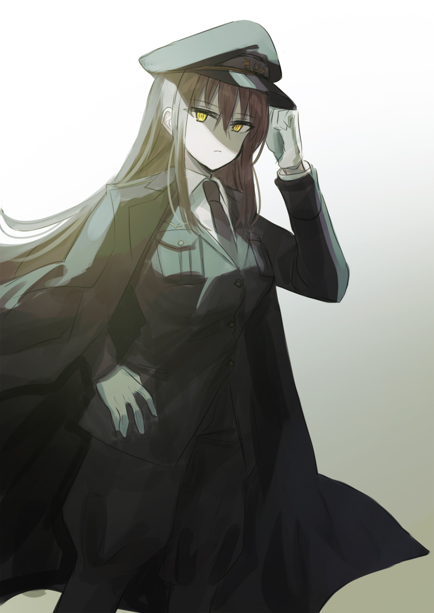 1girl, absurdres, bangs, black_coat, black_jacket, black_neckwear, black_pants, borrowed_character, brown_hair, chihuri, coat, coat_on_shoulders, collared_shirt, eyebrows_visible_through_hair, gloves, gradient, gradient_background, grey_background, hair_between_eyes, hand_up, hat, highres, jacket, long_hair, long_sleeves, looking_at_viewer, military, military_hat, military_uniform, necktie, original, pants, peaked_cap, puffy_pants, shirt, solo, uniform, very_long_hair, white_background, white_gloves, white_headwear, white_shirt, yellow_eyes