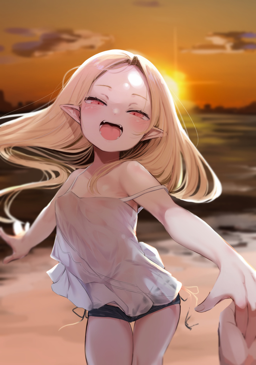 1girl, absurdres, blonde_hair, blurry, denim, denim_shorts, depth_of_field, dusk