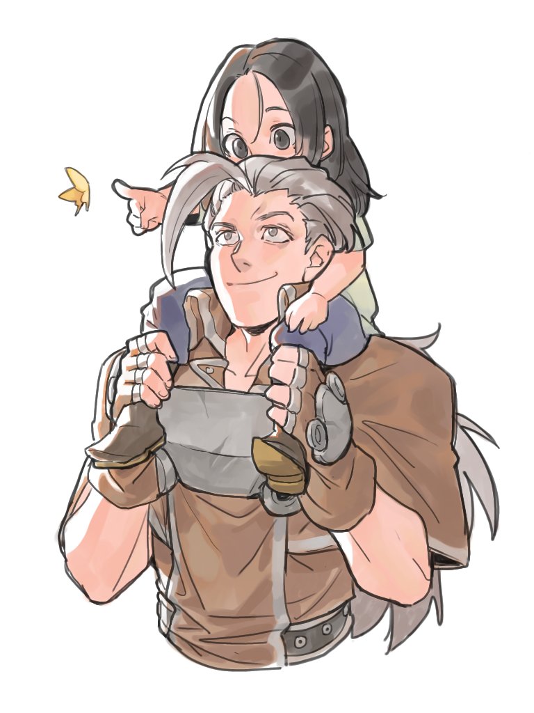 2boys, black_hair, bug, butterfly, carrying, child, father_and_son, fingerless_gloves, gloves, grey_eyes, guilty_gear, insect, kliff_undersn, long_hair, male_focus, multiple_boys, piggyback, smile, testament_(guilty_gear), uncle_rabbit_ii, white_hair, younger