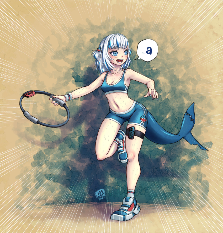 bangs, bike_shorts, blue_eyes, blue_hair, blunt_bangs, breasts, controller, exercise, fish_tail, gawr_gura, hair_ornament, highres, hololive, hololive_english, holomyth, kaosnokamisama, nail_polish, navel, nintendo, ring-con, ring_fit_adventure, shark_girl, shark_hair_ornament, shark_tail, sharp_teeth, shoes, silver_hair, small_breasts, sneakers, sports_bra, sportswear, stitches, sweat, tail, teeth, virtual_youtuber, wristband