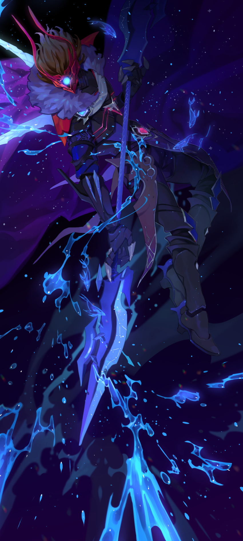 1boy, absurdres, armor, blurry, blurry_background, breastplate, brown_hair, cape, chromatic_aberration, claws, full_body, fur_collar, gauntlets, gem, genshin_impact, glowing, glowing_eye, hand_up, highres, holding, holding_weapon, horns, incoming_attack, knee_up, male_focus, mask, medium_hair, one-eyed, outstretched_arm, polearm, shoulder_armor, solo, star_(symbol), tartaglia_(genshin_impact), two-tone_background, water, water_drop, weapon, whale, yagita_(astronomie)