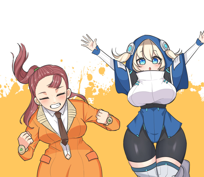 angleworld, arms_up, bangs, bike_shorts, blonde_hair, blue_eyes, boots, closed_eyes, ella_of_the_sky, eyebrows_visible_through_hair, highres, hood, hoodie, jumping, last_origin, long_hair, looking_at_viewer, necktie, open_mouth, orangeade_(last_origin), parted_bangs, ponytail, purple_hair, smile, tied_hair, tight, twintails