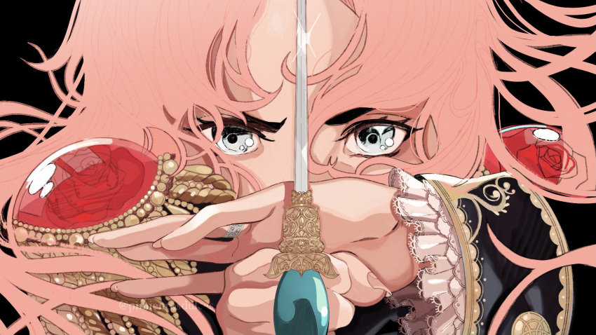 1girl, black_background, floating_hair, flower, grey_eyes, highres, holding, holding_sword, holding_weapon, jewelry, looking_at_viewer, pimientosdulces, pink_hair, portrait, red_flower, red_rose, ring, rose, shadow, shoujo_kakumei_utena, solo, sword, tenjou_utena, twitter_username, weapon