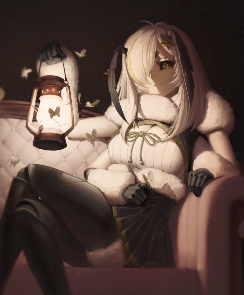 1girl, antennae, arthropod_girl, black_sclera, black_skirt, blonde_hair, borrowed_character, bug