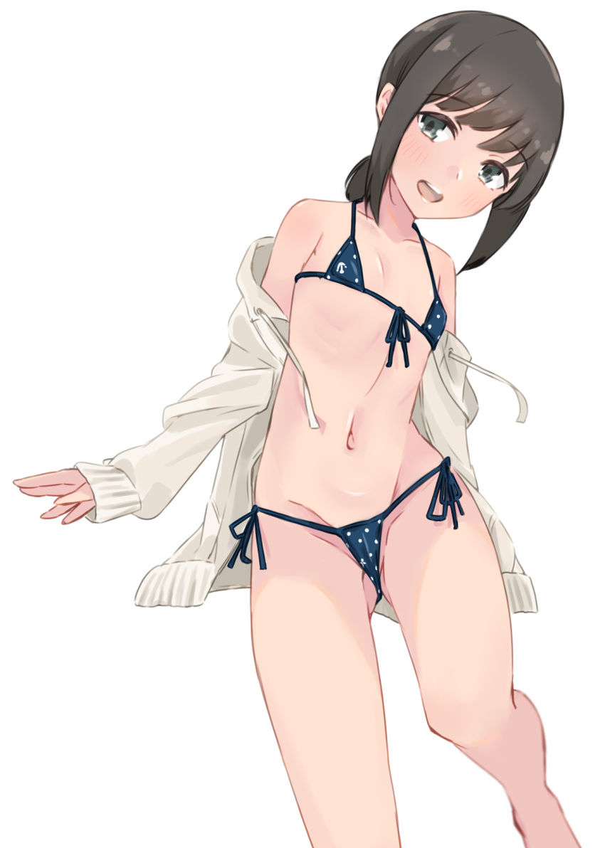1girl, alakoala, bikini, black_eyes, black_hair, breasts, feet_out_of_frame, fubuki_(kancolle)